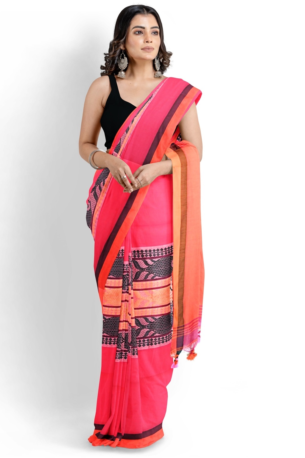 Pink Orange Pure Cotton Marine Hand Loom Saree (1278)
